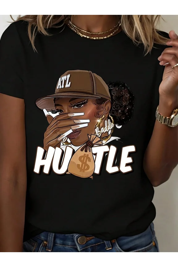 Women's Hustle Graphic T-Shirt ATL Baddie Urban Streetwear Short Sleeve Tee Black