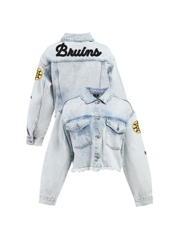 Women's Hype and Vice Denim Boston Bruins Chenille Raw Edge Cropped Full-Button Jean Jacket