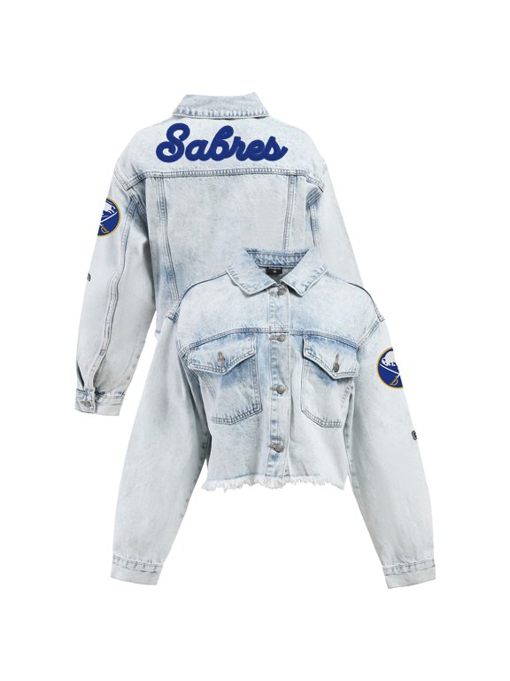 Women's Hype and Vice Denim Buffalo Sabres Chenille Raw Edge Cropped Full-Button Jean Jacket