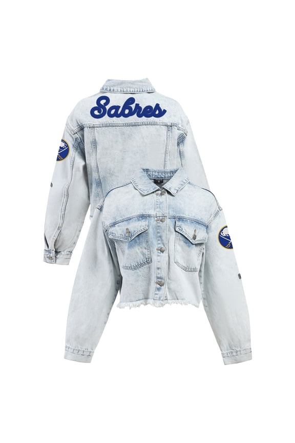 Women's Hype and Vice Denim Buffalo Sabres Chenille Raw Edge Cropped Full-Button Jean Jacket