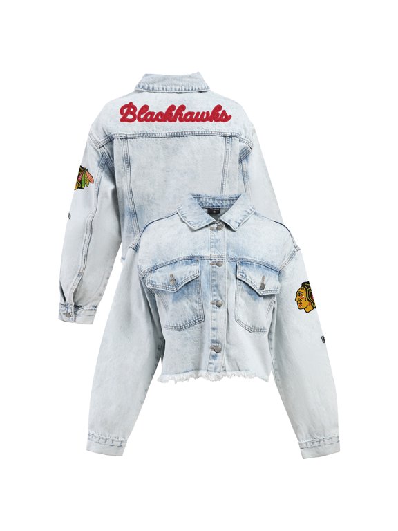 Women's Hype and Vice Denim Chicago Blackhawks Chenille Raw Edge Cropped Full-Button Jean Jacket