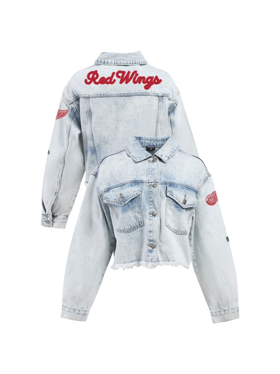 Women's Hype and Vice Denim Detroit Red Wings Chenille Raw Edge Cropped Full-Button Jean Jacket