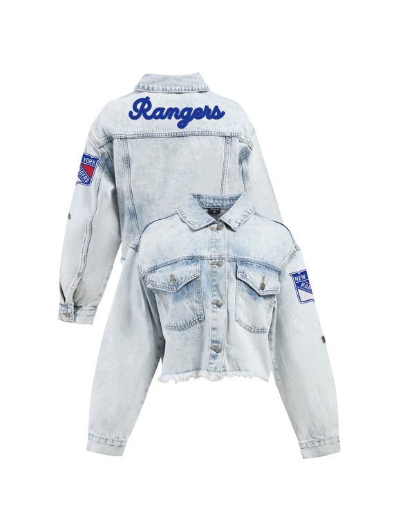 Women's Hype and Vice Denim New York Rangers Chenille Raw Edge Cropped Full-Button Jean Jacket