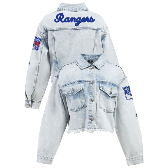 Women's Hype and Vice Denim New York Rangers Chenille Raw Edge Cropped Full-Button Jean Jacket