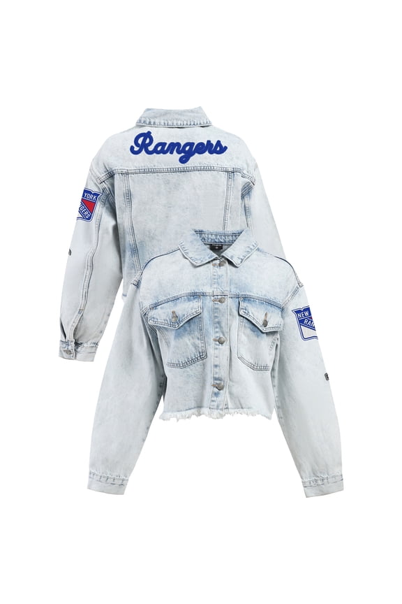 Women's Hype and Vice Denim New York Rangers Chenille Raw Edge Cropped Full-Button Jean Jacket