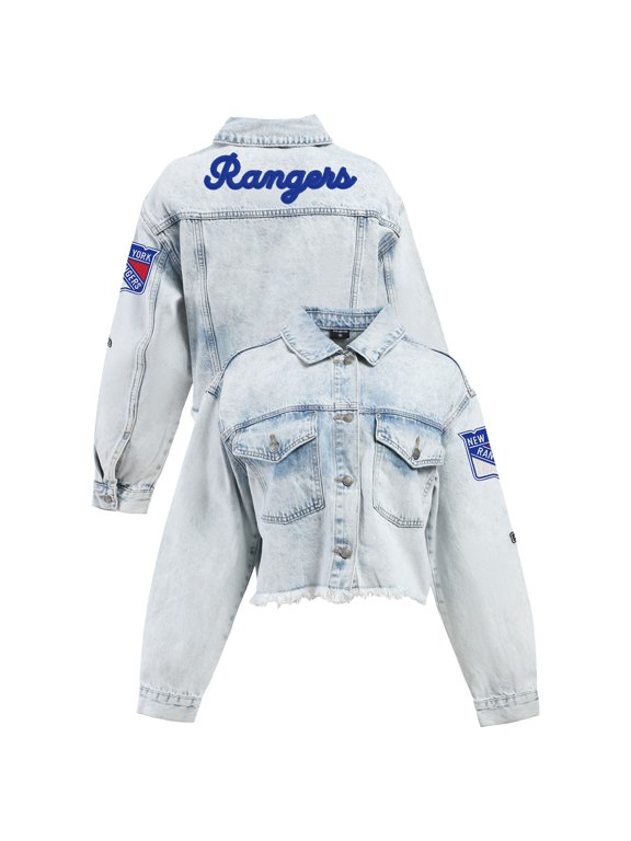 Women's Hype and Vice Denim New York Rangers Chenille Raw Edge Cropped Full-Button Jean Jacket