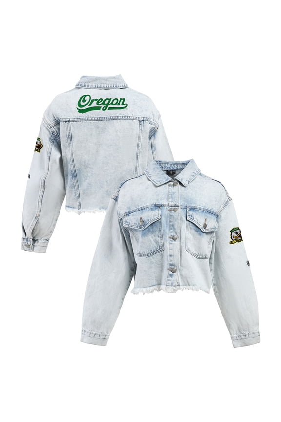 Women's Hype and Vice Denim Oregon Ducks Lightwash Cropped Button-Up Jean Jacket