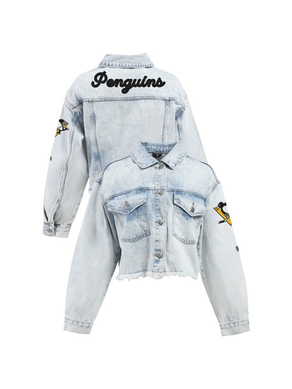 Women's Hype and Vice Denim Pittsburgh Penguins Chenille Raw Edge Cropped Full-Button Jean Jacket