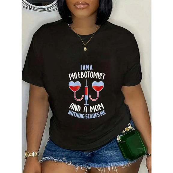 Women's "I Am A Phlebotomist And A Mom" Medical Heart Graphic Breathable T-Shirt Short Sleeve Round Neck Top Black S-5XL