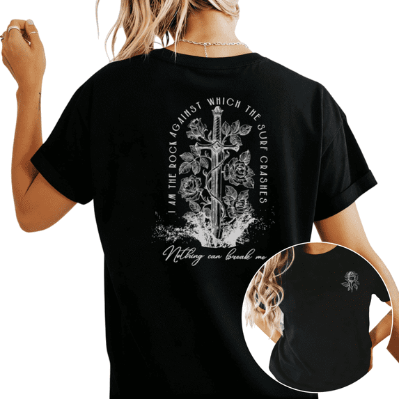 Women's I Am The Rock Sword Rose Graphic T Shirt Inspirational Quote Faith Print Breathable Short Sleeve Round Neck Top Black S-5XL