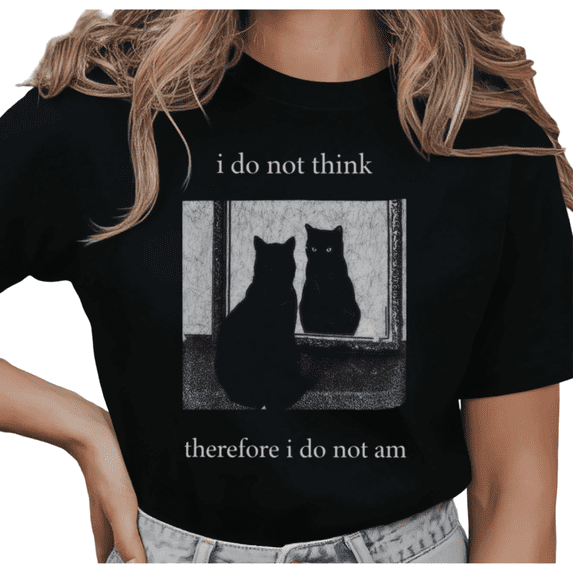 Women's I Do Not Think Therefore I Do Not Am Black Cat Mirror Meme Graphic T Shirt Short Sleeve Round Neck Top Black S-5XL