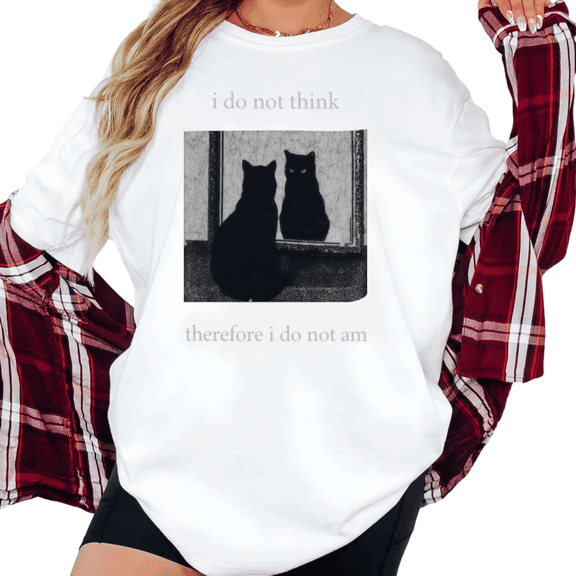 Women's I Do Not Think Therefore I Do Not Am Black Cat Mirror Meme Graphic T Shirt Short Sleeve Round Neck Top White S-5XL
