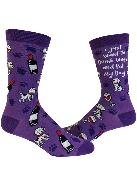 Women's I Just Want to Drink Wine and Pet My Dog Socks Funny Pet Puppy Animal Lover Vintage Novelty Footwear