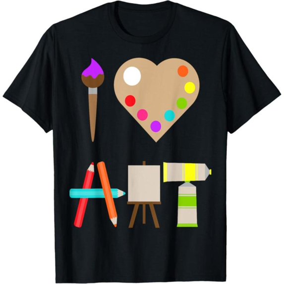 Women's "I Love Art" Colorful Painting Tools Graphic Comfortable T-Shirt Breathable Short Sleeve Round Neck Top Black S-5XL