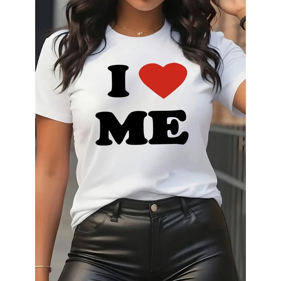 Women’s “I Love Myself” Print Sporty Casual 180g 95 Polyester 5 Spandex Soft Breathable Short Sleeve Round Neck T-Shirt, Streetwear Comfortable Expressive Personality Essential Leisure Top