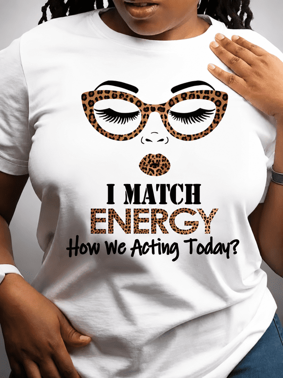 Women's I Match Energy Graphic T-Shirt, Leopard Print Glasses Face Graphic Casual Crewneck Short Sleeve Tee