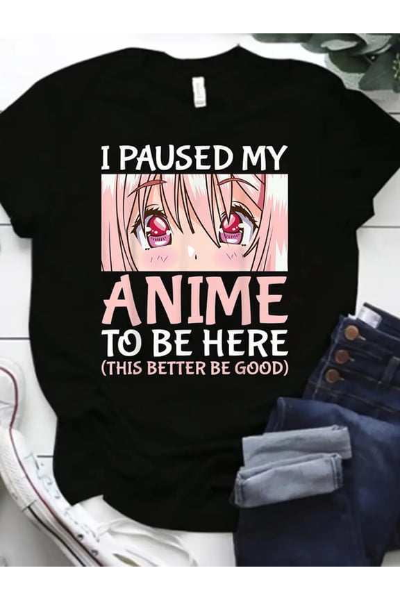 Women's "I Paused My Anime to Be Here" Anime Graphic T-Shirt - Japanese Manga Character Face & Pink Lettering Print, Casual Round Neck Short Sleeve Tee for Otaku Fans