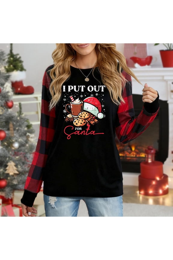 Women's I Put Out For Santa Christmas Graphic Long Sleeve Top, Plaid Sleeve Casual Sweatshirt For Holiday
