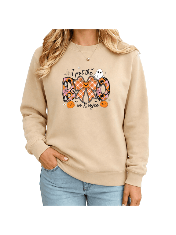 Women's I Put the BOO in Boujee Graphic Sweatshirt Playful Halloween Crewneck Pullover Long Sleeve Shirt