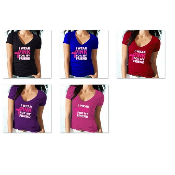 Women's I Wear Pink For My Friend Printed V-neck Tshirt Short Sleeve Vneck T-Shirt Soft and Comfy Shirt, Lightweight Shirt Black Tee Small