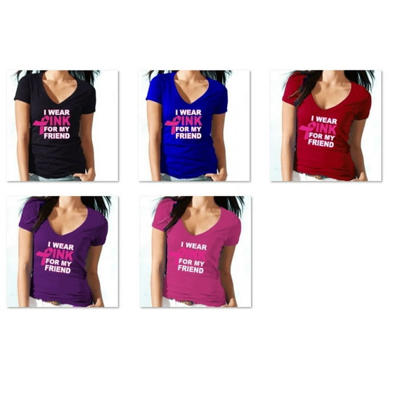 Women's I Wear Pink For My Friend Printed V-neck Tshirt Short Sleeve Vneck T-Shirt Soft and Comfy Shirt, Lightweight Shirt Red Tee X-Large