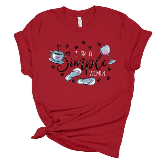 Women's I'm A Simple Woman Flip Flops Dog Paws Coffee and WIne Ladies Short Sleeve T-shirt-Red-large