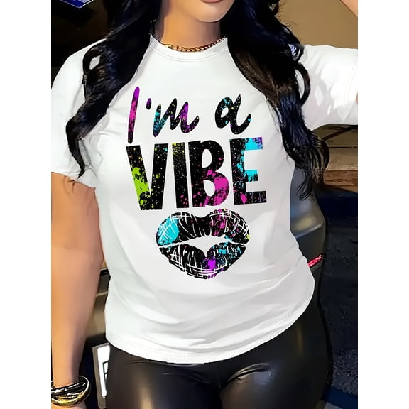 Women’s “I‘m A Vibe” Vibrant Lip Print Trendy Short Sleeve Crew Neck Blend T-Shirt, Breathable Comfy Casual Autumn Attire Comfortable Fit