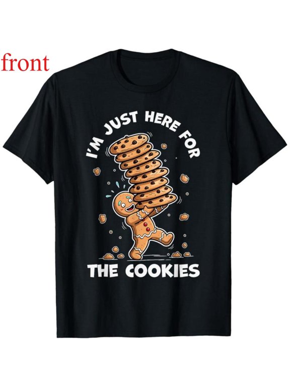 Women's "I'm Just Here For The Cookies" Gingerbread Graphic Cotton T Shirt Casual Short Sleeve Round Neck Top Black S-5XL