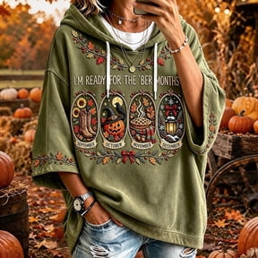 Women's I'm Ready for The BER Months Print 3/4 Sleeve Hooded Plaid Patchwork Thanksgiving Sweatshirt Fall Halloween Christmas Shirt,M