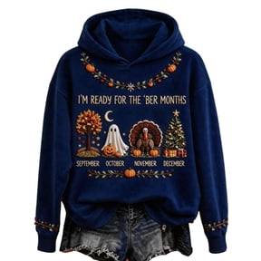 Women's I'm Ready for The Ber Months Long Sleeve Hooded Sweatshirt Fall Retro Loose Drawstring Hoodie for Halloween Thanksgiving Christmas,M