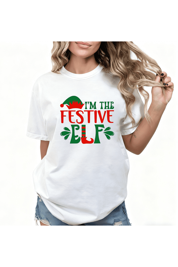 Women’s I’m The Festive Elf Graphic Tee Christmas Holiday Top S-5XL Family Party Look
