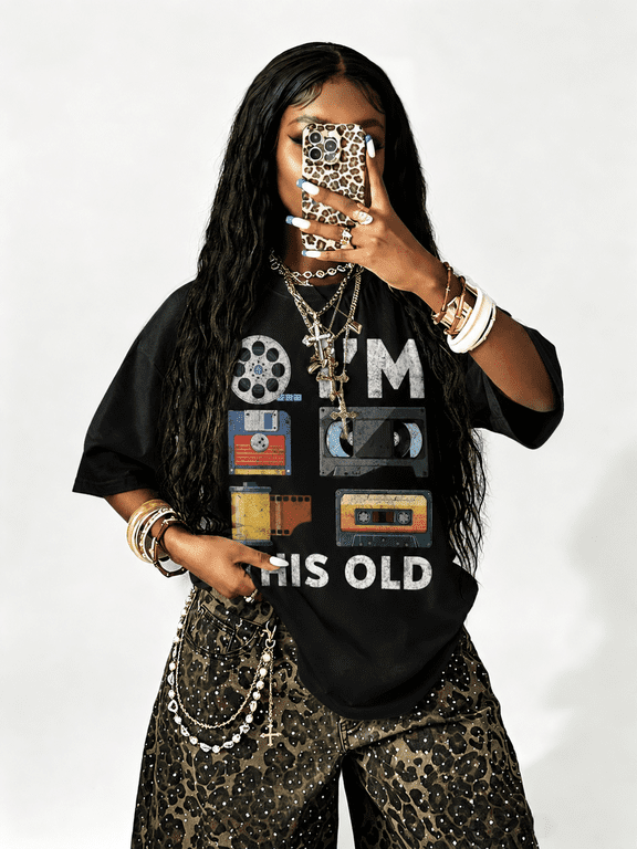 Women's "I'm This Old" Graphic T Shirt Retro Cassette Print Oversized Casual Tee