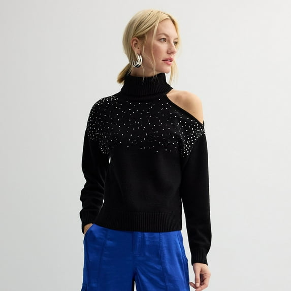 Women's INTEMPO™ Long Sleeve Turtleneck Cut Out Sweater Color: Black Size: LARGE