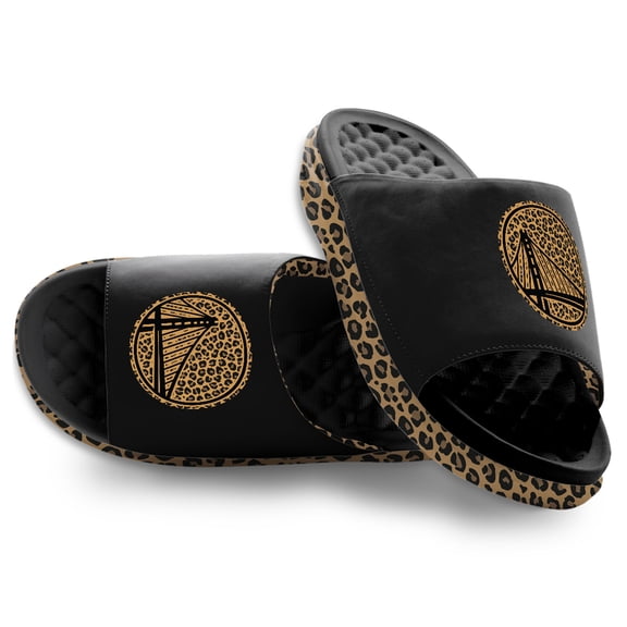 Women's ISlide Black Golden State Warriors Cheetah Dip Motive Slide Sandals