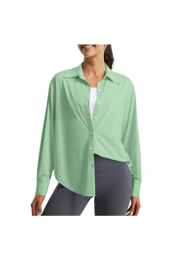 Women's Ice Silk Button-Down Shirt – UPF 50+ Sun Protection Long Sleeve Blouse with Back Detail & Side Slits | Quick-Dry Office-to-Outdoors Top