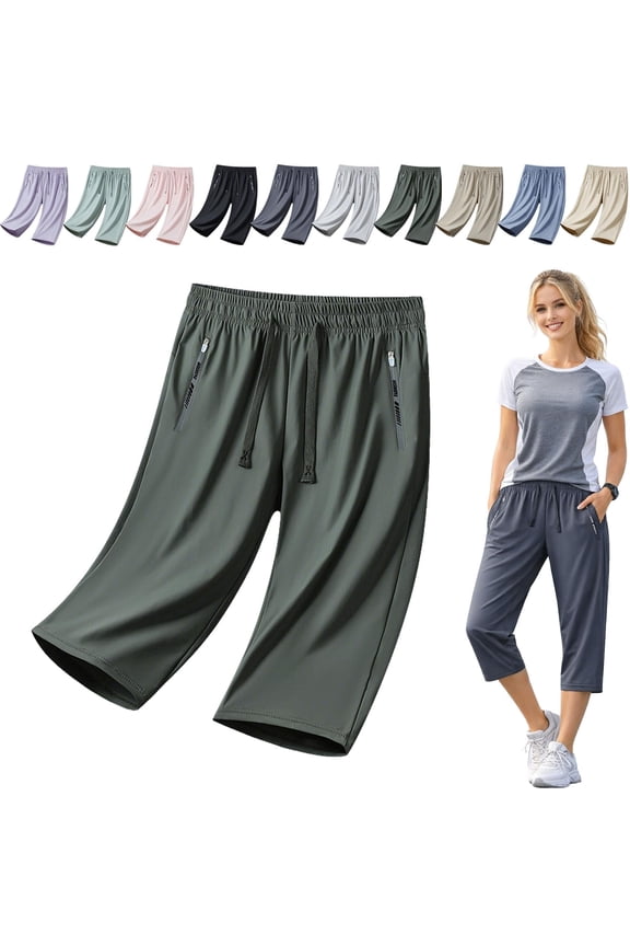 Women’s Ice Silk Capri Pants, Quick Dry Stretch Cropped Athletic Pants with Elastic Waist & Zipper Pockets for Walking, Travel & Casual Wear