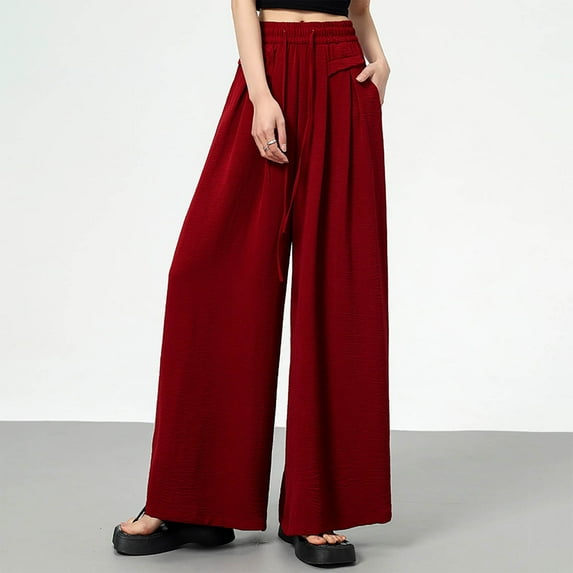 Women's Ice Silk Quick Dry Pants Casual Wide Leg Palazzo Pants for Women High Waisted Pants with Pockets Drawstring Pants