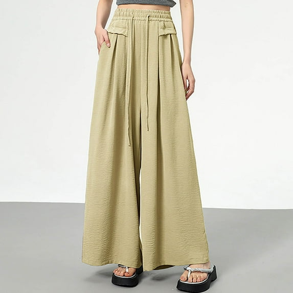 Women's Ice Silk Quick Dry Pants Casual Wide Leg Palazzo Pants for Women High Waisted Pants with Pockets Drawstring Pants