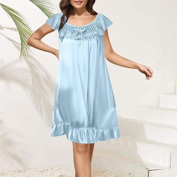 Women's Ice Silk Robes Nightgown Lace V Neck Slip Dress Pajamas Soft Comfy Lightweight Home Wear Sky Blue Free Size