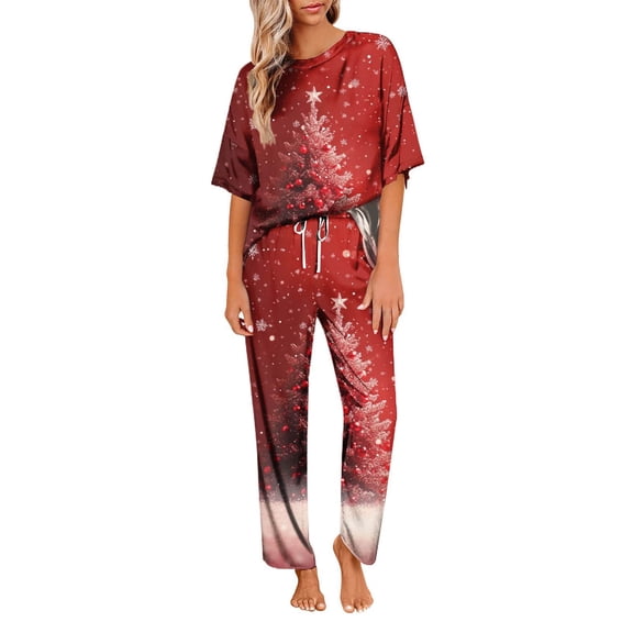 Women's Ice Silk Satin Christmas Print Pajama Set: Short Sleeve Shirt & Long Pants, Soft Home Wear, Dark Red, Size XXL