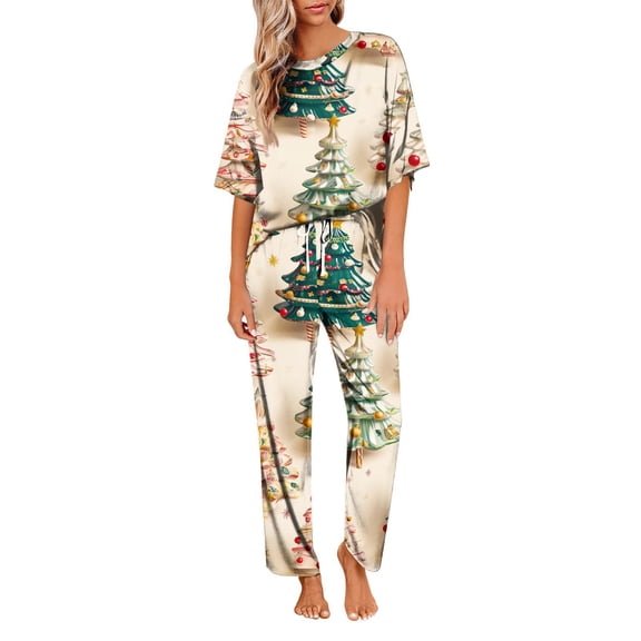 Women's Ice Silk Satin Christmas Print Pajama Set: Short Sleeve Shirt & Long Pants, Soft Home Wear, Khaki, Size M