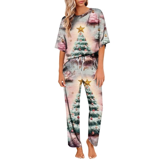 Women's Ice Silk Satin Christmas Print Pajama Set: Short Sleeve Shirt & Long Pants, Soft Home Wear, Pink, Size M