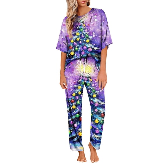 Women's Ice Silk Satin Christmas Print Pajama Set: Short Sleeve Shirt & Long Pants, Soft Home Wear, Purple, Size M