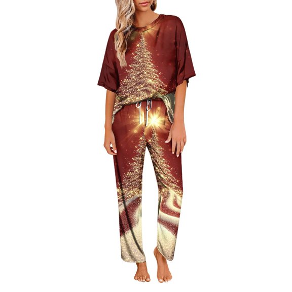 Women's Ice Silk Satin Christmas Print Pajama Set: Short Sleeve Shirt & Long Pants, Soft Home Wear, Red, Size XXL