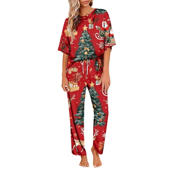 Women's Ice Silk Satin Christmas Print Pajama Set: Short Sleeve Shirt & Long Pants, Soft Home Wear, Red, Size XXL