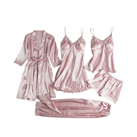 Women's Ice Silk Sexy 5-Piece Set - Long Sleeve Thin Plus Size Bathrobe & Sleepwear, Pink, L