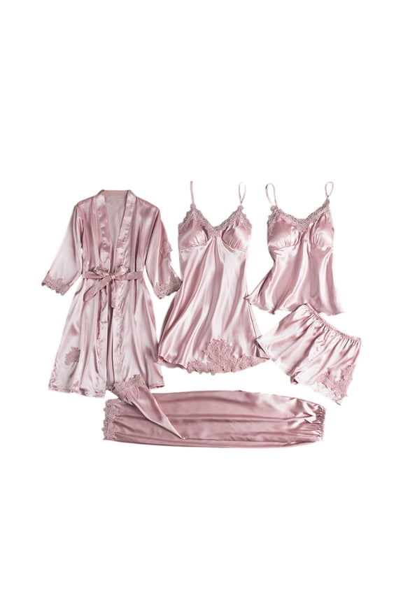 Women's Ice Silk Sexy 5-Piece Set - Long Sleeve Thin Plus Size Bathrobe & Sleepwear, Pink, XXXXL