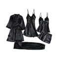 thumbnail image 1 of Women's Ice Silk Sexy Long Sleeve Thin Plus Size 5-Piece Pajama Set With Robe Black Size L, 1 of 4