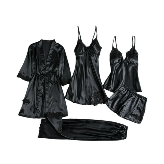 Women's Ice Silk Sexy Long Sleeve Thin Plus Size 5-Piece Pajama Set With Robe Black Size S