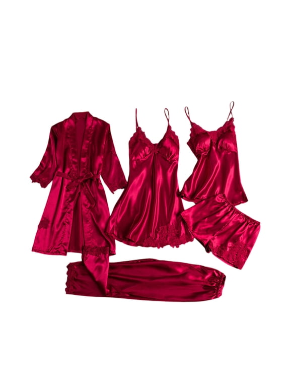 Women's Ice Silk Sexy Long Sleeve Thin Plus Size 5-Piece Pajama Set With Robe Wine Red Size XL